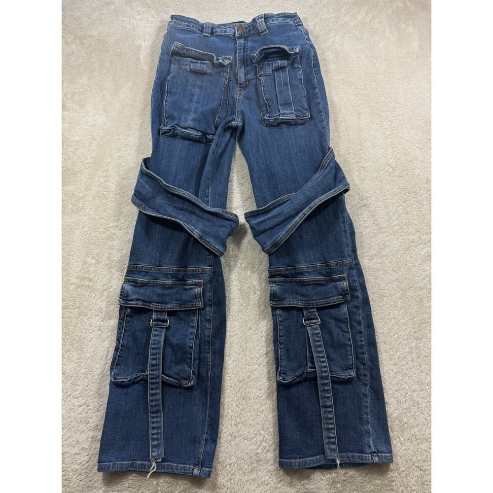 Akira Womens Cargo Multi Pocket Strappy Blue Denim Jeans 11 Meas: 26x30.5